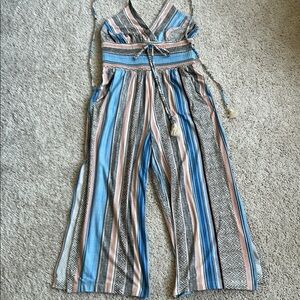 Striped Jumpsuit with Blue and Tan Accents